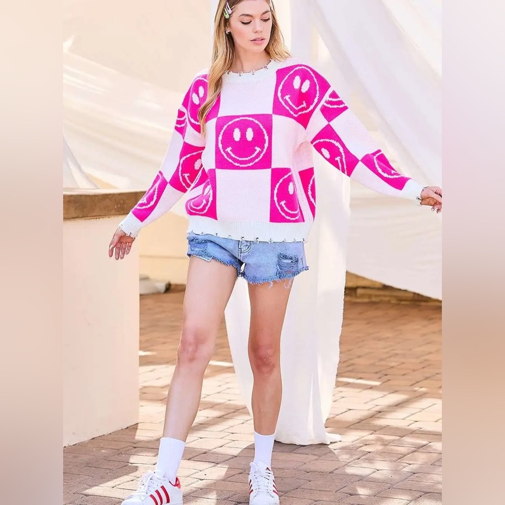 Altar'd State Lola Hot Pink Smiley Face Sweater.